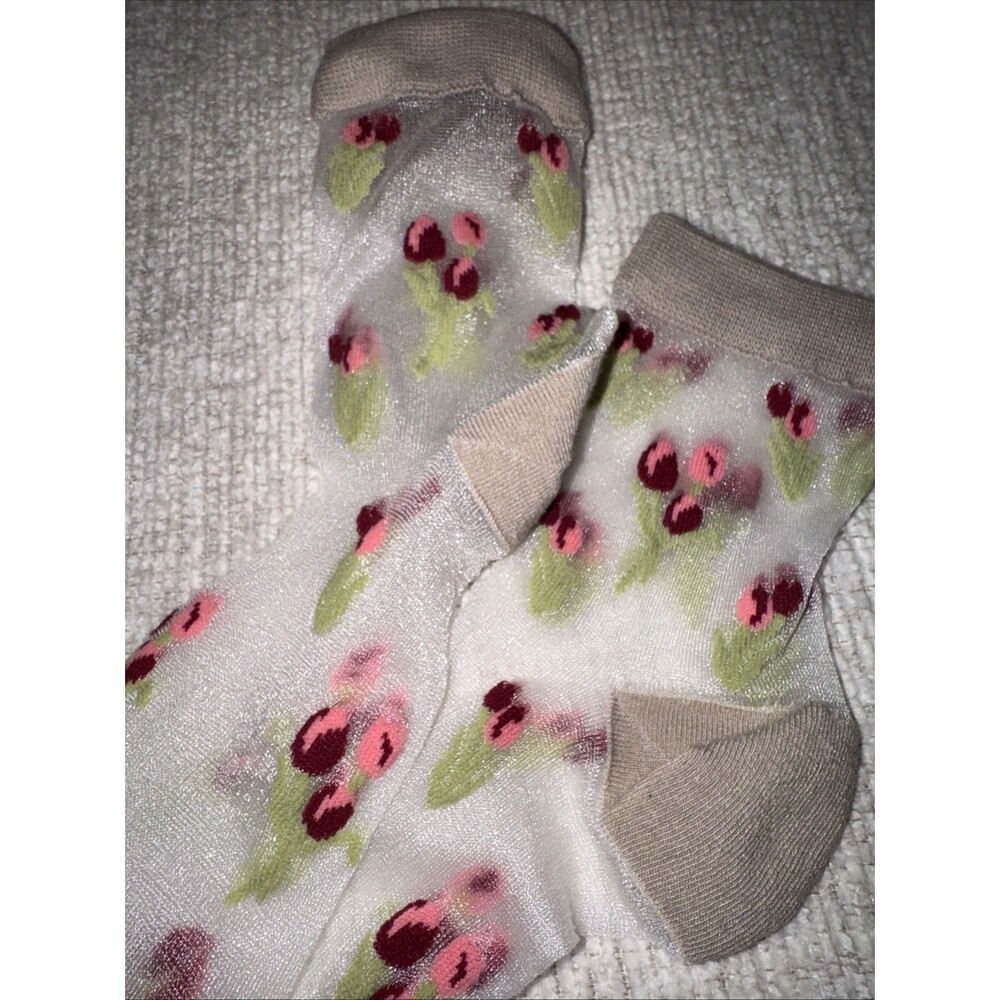 2 Pk Sheer W Floral Tulips Socks Quarter Crew Dainty Loafers Victorian Sweet - Picture 4 of 5